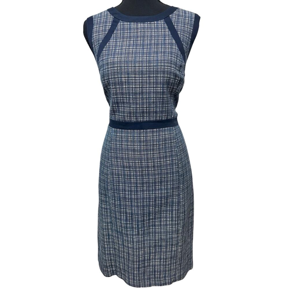 Talbots Womens 10 Blue White Plaid Sheath Dress Cotton Linen Career Work